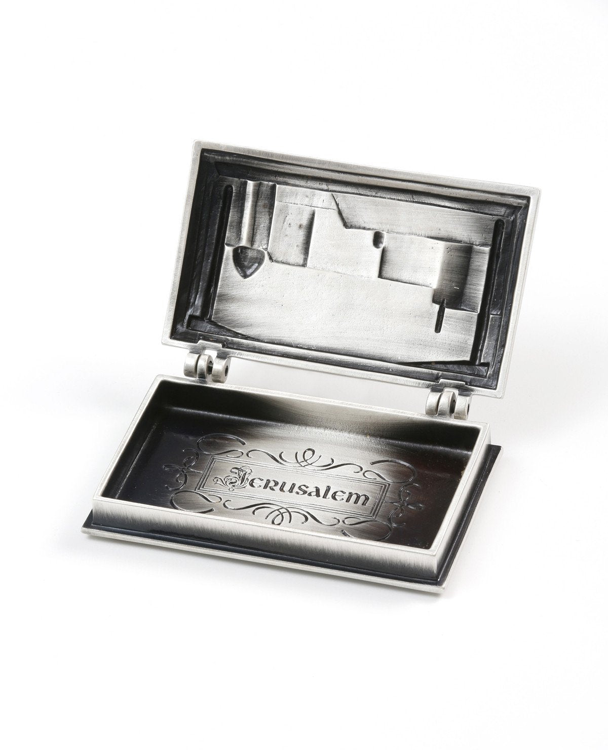 Sterling silver plated business card box with Jerusalem embossed. Length: 7 cm Width: 10 cm