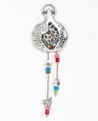 A uniquely designed pomegranate shaped hanging ornament. It is coated in sterling silver and embedded with colorful Swarovski crystals and decorated also by beaded leather straps featuring special motifs that symbolize luck and good fortune. The hanging pomegranate makes for a touching and original gift that will suit any home and especially bring joy to those which you love. Comes also in your choice of turquoise embedded stones.  Length: 10 cm  Width: 7 cm