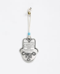 Uniquely designed sterling silver coated Hamsa Home Blessing hanging ornament. The Hamsa is decorated with embossed geometrical shapes, symbolizing abundance, fertility, success and protection from the "evil eye". The ornament makes a wonderful gift for any home, one that displays attentiveness, invoking good luck and blessings to anyone who shall receive it. Comes with a faux leather string for hanging decorated with a turquoise bead. Additional languages available: English and Hebrew.  Length: 9 cm  Width