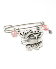 Baby carriage pin, embedded with Swarovky crystal.  Length: 7 cm  Width: 7 cm