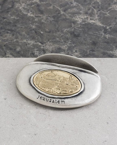 Sterling silver and brass plated business card box with Jerusalem embossed.  Length: 7 cm  Width: 9 cm