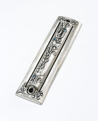 Two parts sterling silver plated Mezuzah with swarovsky crystals. Suitable for 15 cm parchment  Length: 19 cm  Width: 5 cm