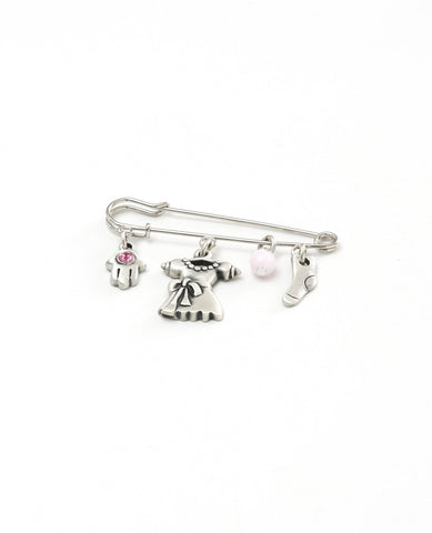 Baby Girl pin with cute elements, sterling silver plated.  Length: 4 cm  Width: 5 cm