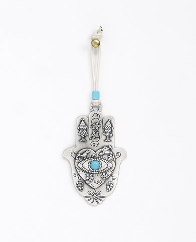 A hanging Hamsa ornament packed with goodness! The Hamsa is coated in sterling silver and comes with a natural colored faux leather string for hanging, decorated by a turquoise bead. At the center of the Hamsa is a big heart with an embossed eye inside embedded with a turquoise colored stone (against the "evil eye"). Above the eye are chirping birds (of peace and love). The Hamsa is decorated with embossed fish (for luck), as well as vine leaves and grape clusters (for abundance). What else could we ask for