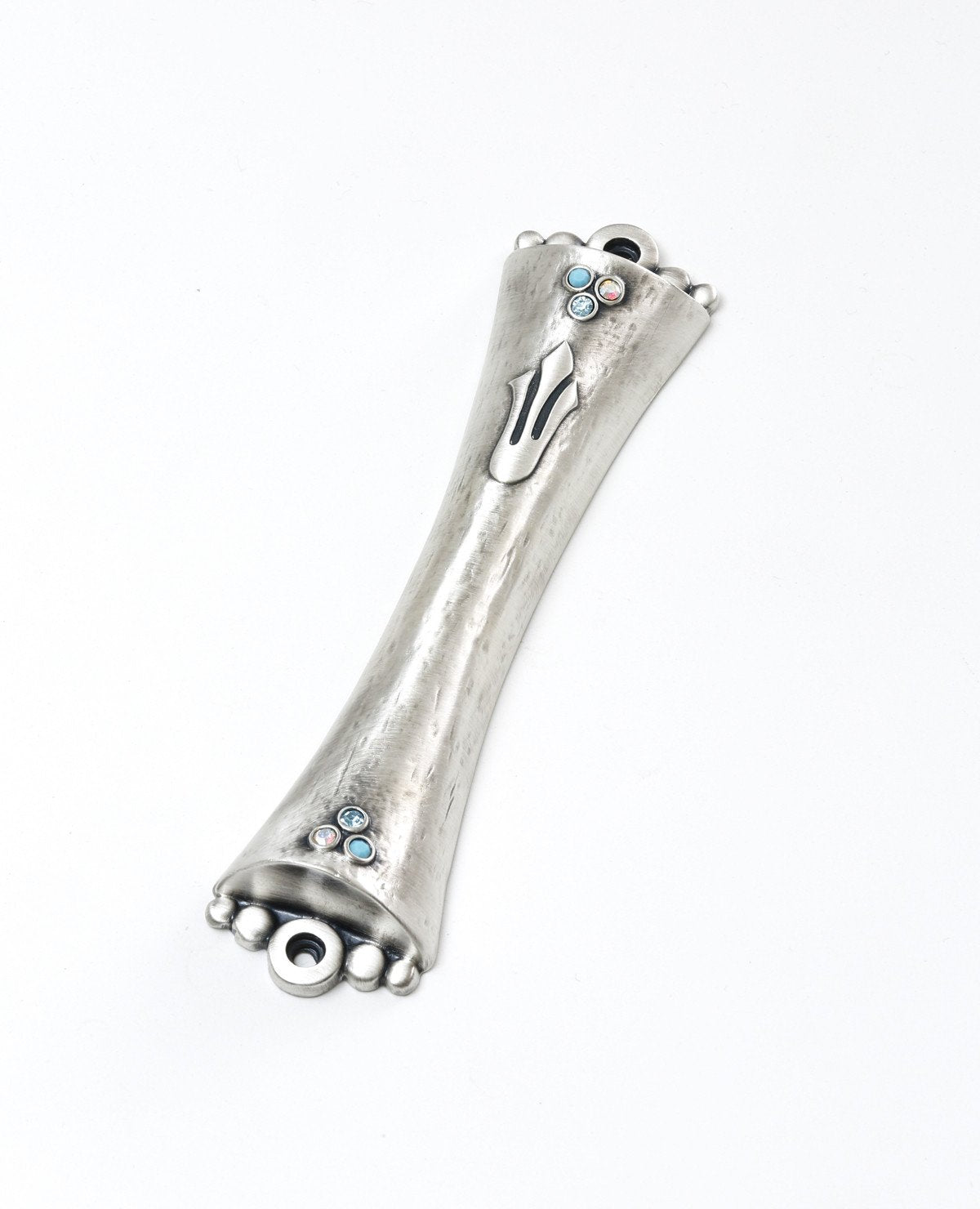 Sterling silver plated Mezuza, embeded with swarovsky crystals. Suitable for 12 cm parchment  Length: 15 cm  Width: 4 cm