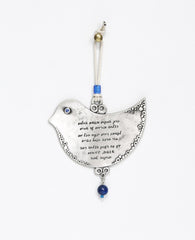 A dove shaped wall ornament with a business blessing in both English and Hebrew. The charming hanger is coated in sterling silver and decorated around the edges with a delicate artistic engravement and embedded with blue Swarovski crystals and blue decorative beads. The exciting blessing words for business success are written in Hebrew on one side and English on the other. Makes the perfect gift to warm up any new or existing place of business, in Israel or abroad, as a heartfelt gesture and a souvenir from