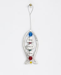 Happiness, health, love! What else could we ask for? A large sterling silver coated hanging ornament in the shape of a fish, with a beautiful design that focuses on generosity. The frame of the fish is hollow and decorated by pretty embossments on its sides. At the center of the fish, upon a thin silver rod, blessing charms are thread with colorful beads in between them. The words "happiness", "health" and "love" are engraved on the charms in Hebrew on one side and in English on the other. The silver rod co