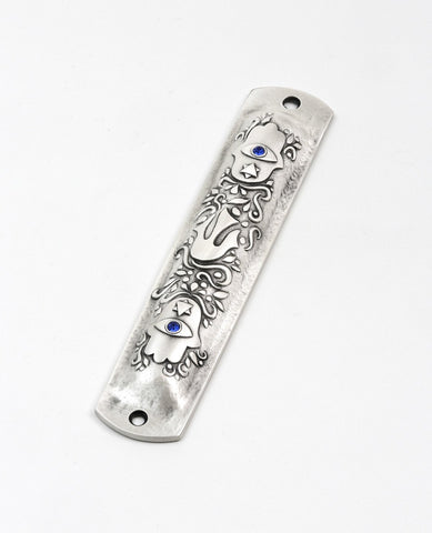 Sterling silver plated Mezuza, embeded with swarovsky crystals. Suitable for 12 cm parchment  Length: 18 cm  Width: 3 cm