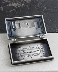 Sterling silver plated business card box with Jerusalem embossed.  Length: 7 cm  Width: 10 cm
