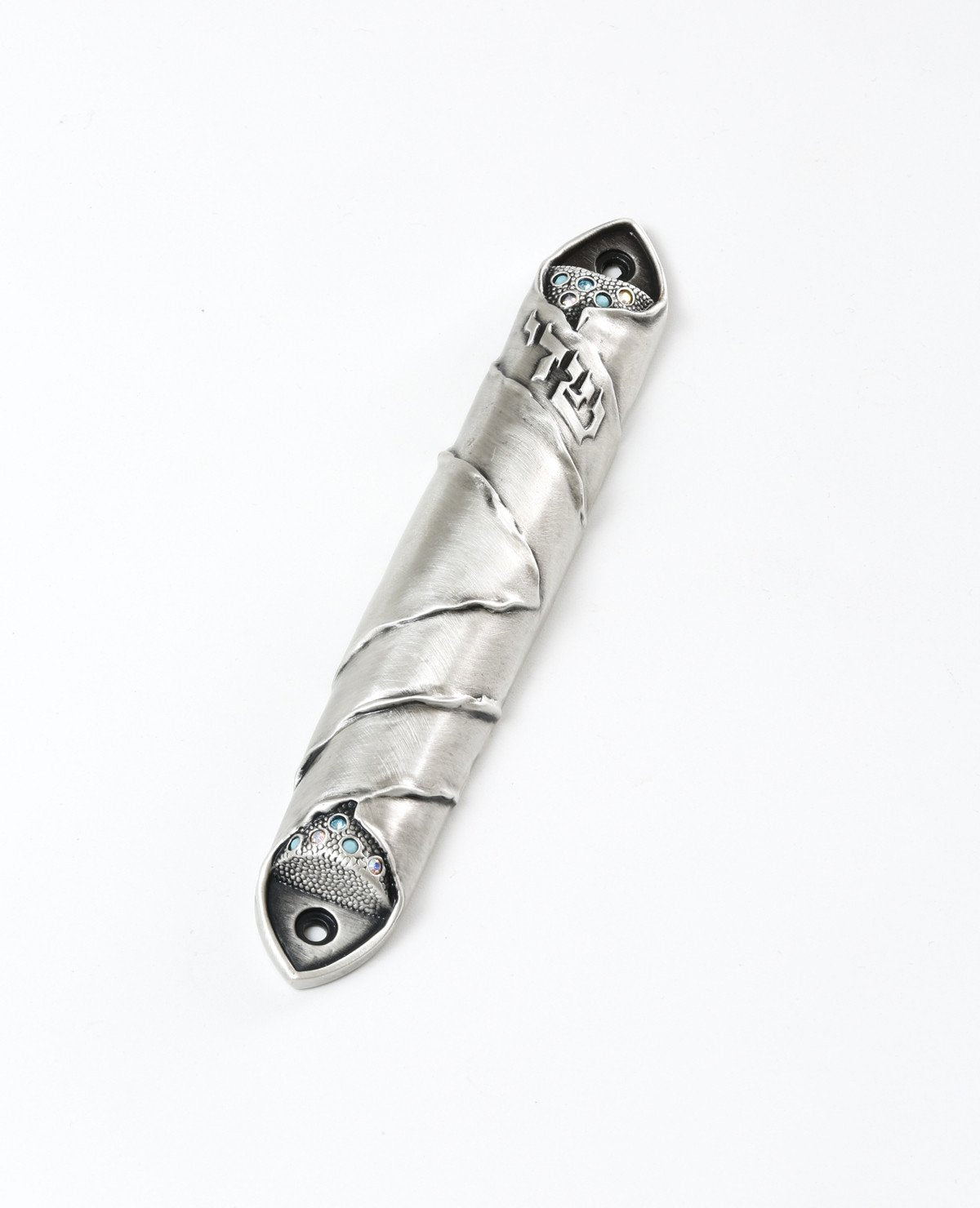 Sterling silver plated Mezuza, embeded with swarovsky crystals. Suitable for 12 cm parchment  Length: 16 cm  Width: 3 cm