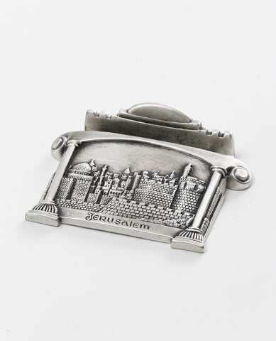 Sterling silver plated business card stand with Jerusalem embossed.  Length: 7 cm  Width: 9 cm