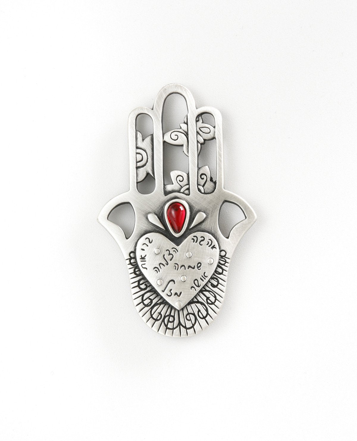Hamsa shaped magnet with Swarovsky crystal and the 7 blessings.  Length: 7 cm  Width: 5 cm