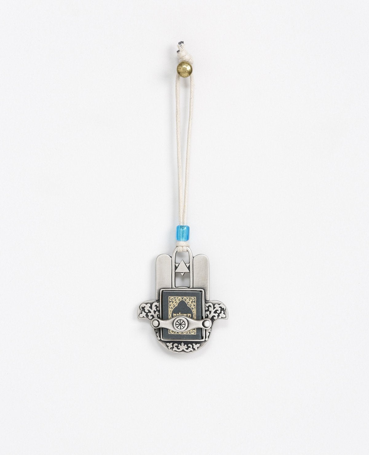 Sterling silver plated car pendant with a blue bead.  Length: 7 cm  Width: 6 cm