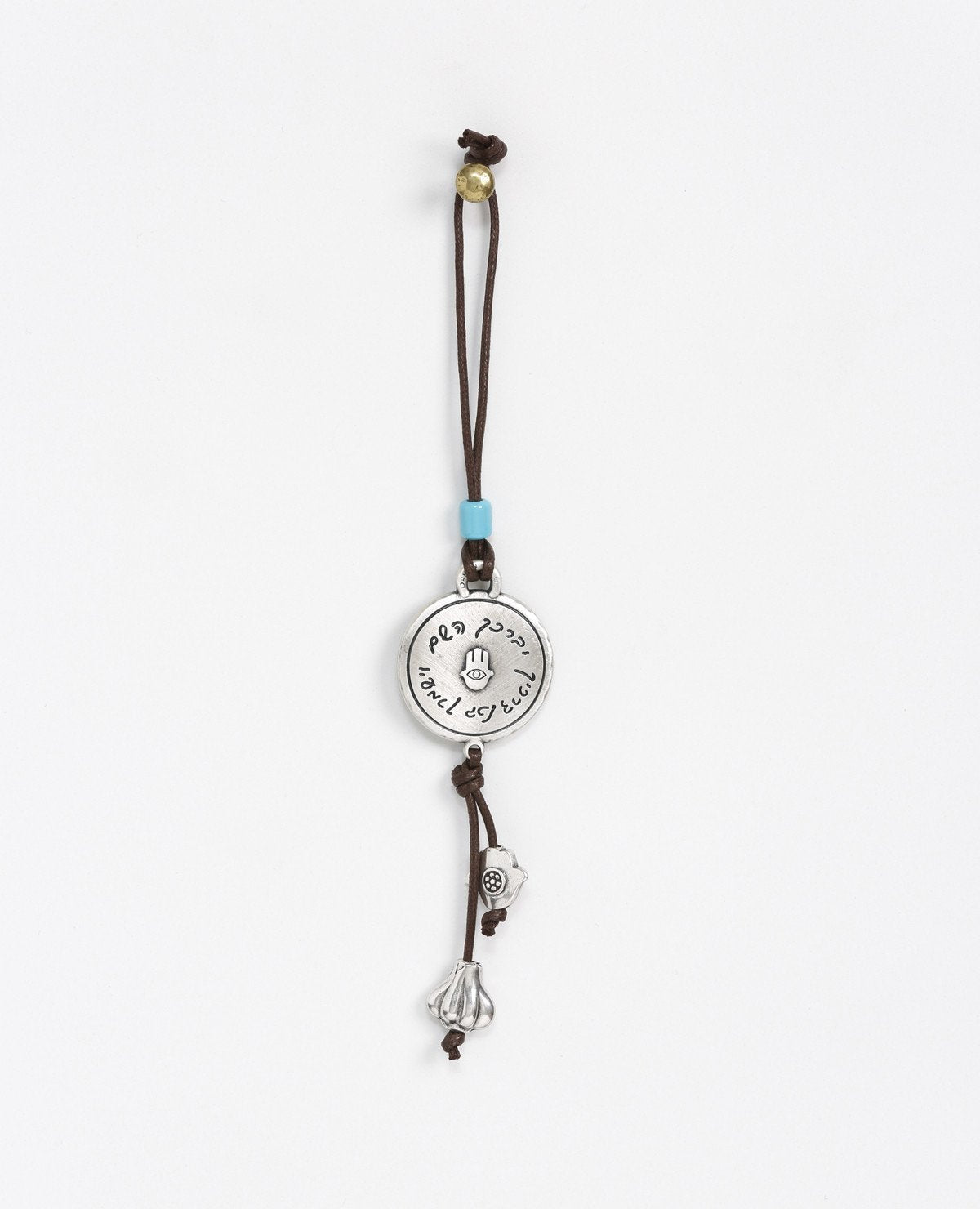 Sterling silver and brass plated car pendant with a blue bead.  Length: 12 cm  Width: 4 cm